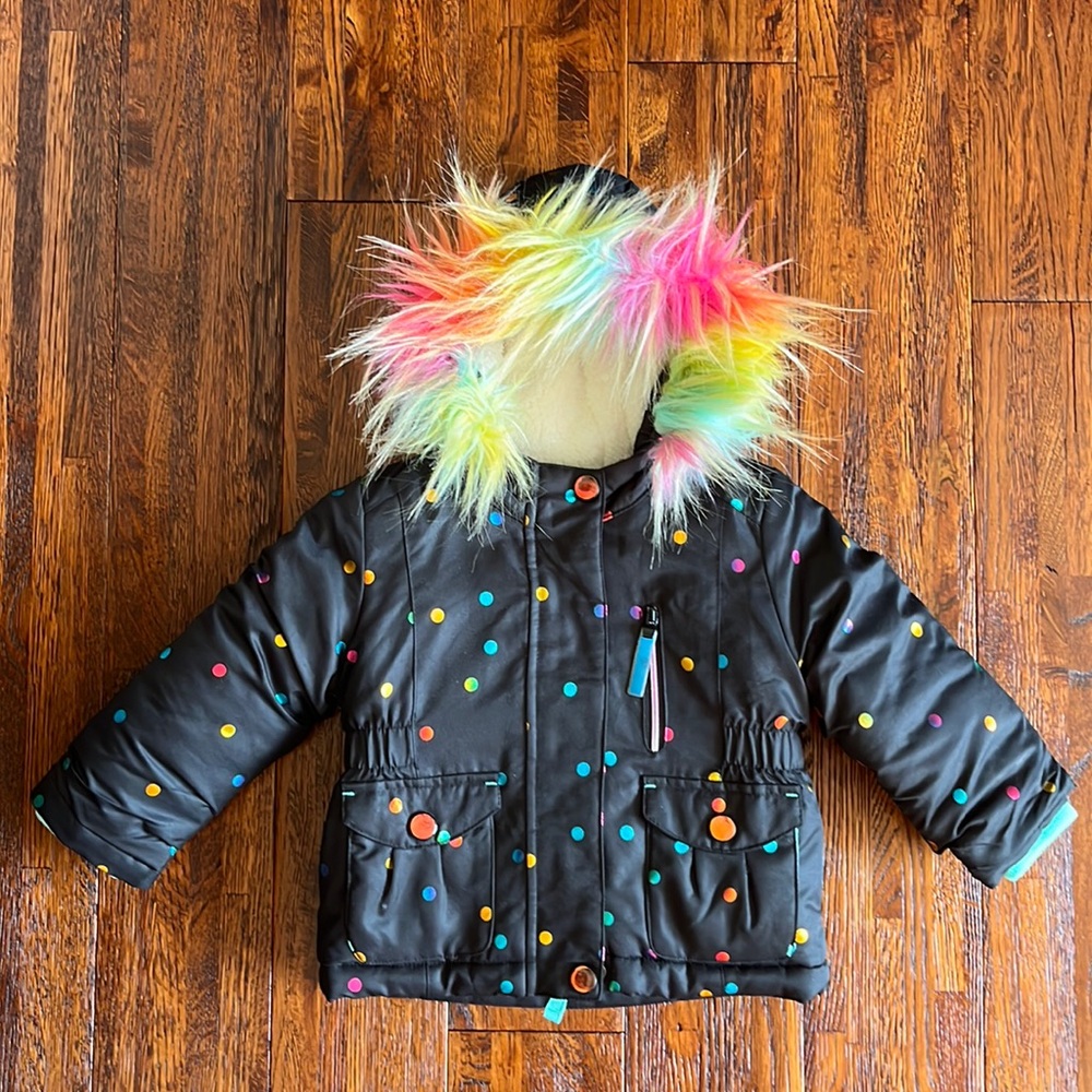 Cat & Jack Girls 18 mo Winter Coat w/ hood & removable fur (black & rainbow)